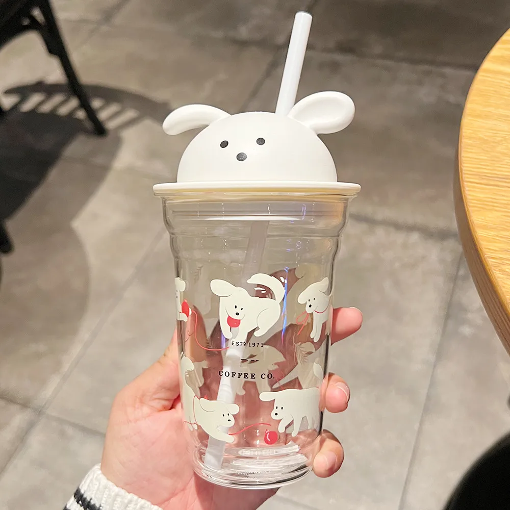 

Star Papa Cherry Blossom Cute Puppy White Glass Mark Coffee Cup Straw Cup with Lid