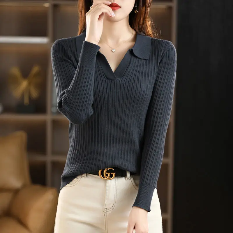 

Autumn Winter New Women's Polo Neck Knitted Shirts Vintage Solid Long Sleeve Slim Fit Sweater Female All-match Bottoming Jumpers