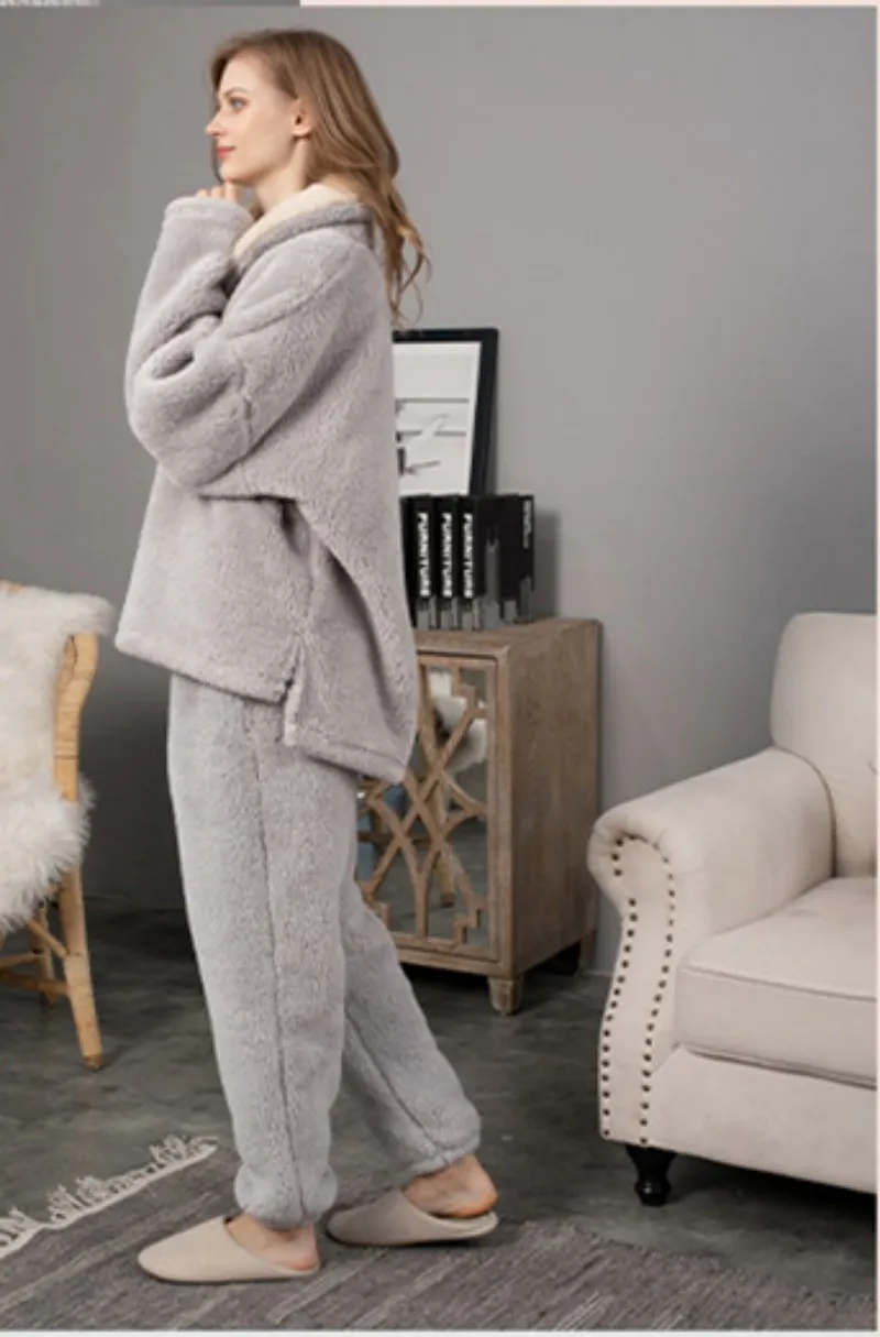 Women's Winter Warm Solid Color Suit Household Clothes Polyester Comfortable Skin-Friendly Plush Lapel Sleepwear
