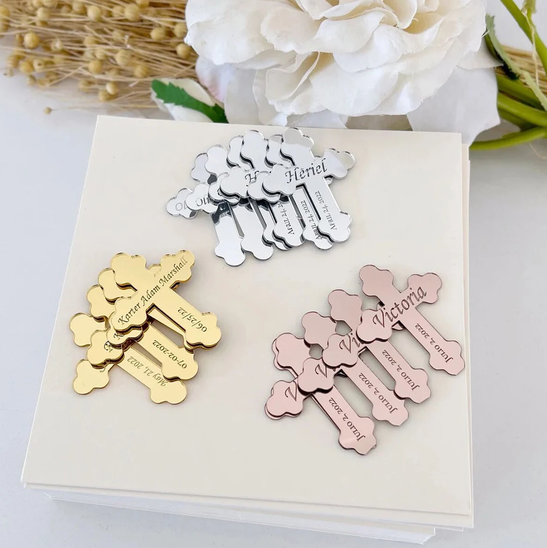 

50Pcs Custom Gold / Silver Acrylic Cross Chocolate Bar Ornament Baby Shower Wedding Party Gift Box Banner DIY Gift Cross Pendant