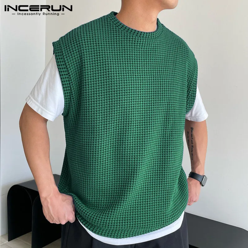 

INCERUN Tops 2023 Korean Style New Mens Knitted Solid Comfortable Tank Tops Handsome Male All-match Simple Loose Waistcoat S-5XL