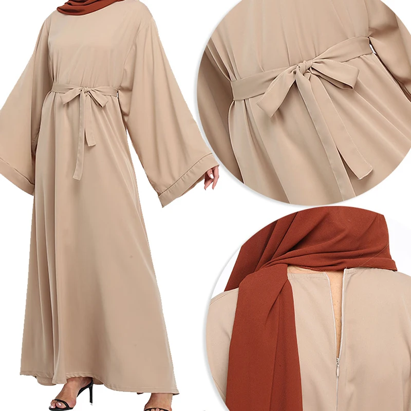Maxi Dress Long Sleeves For Muslim Woman Summer With Belt O Neck Arabic Middle East Plus Size Eid Modest Islamic Dresses Ladies