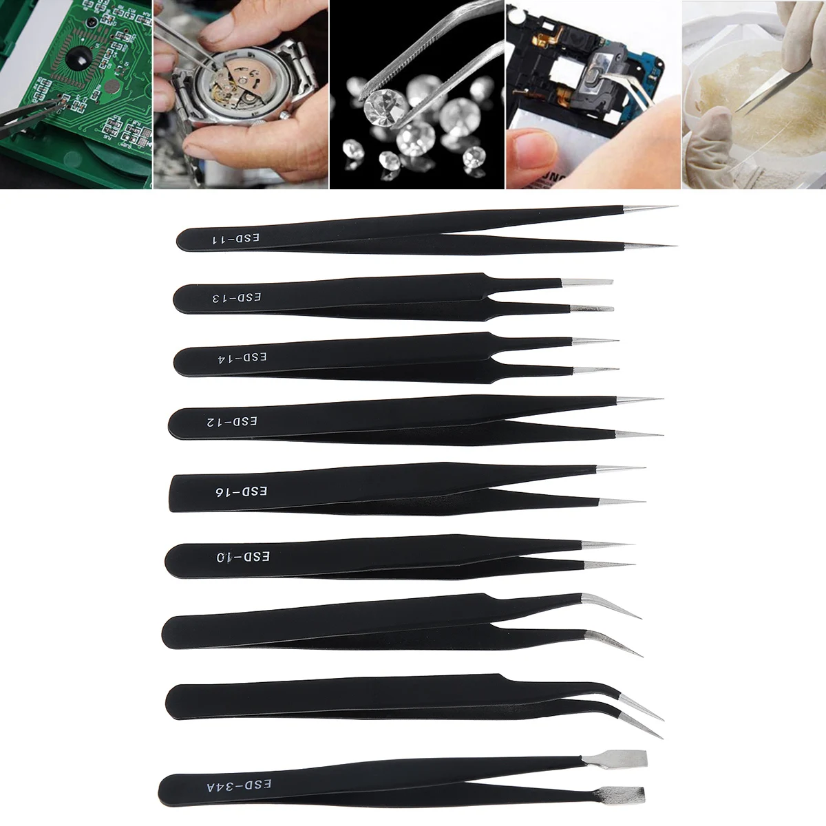 

9pcs Precision Tweezers Set Anti Static Stainless Steel Tweezers for Craft / Jewelry / Electronics / Laboratory Hand Tools