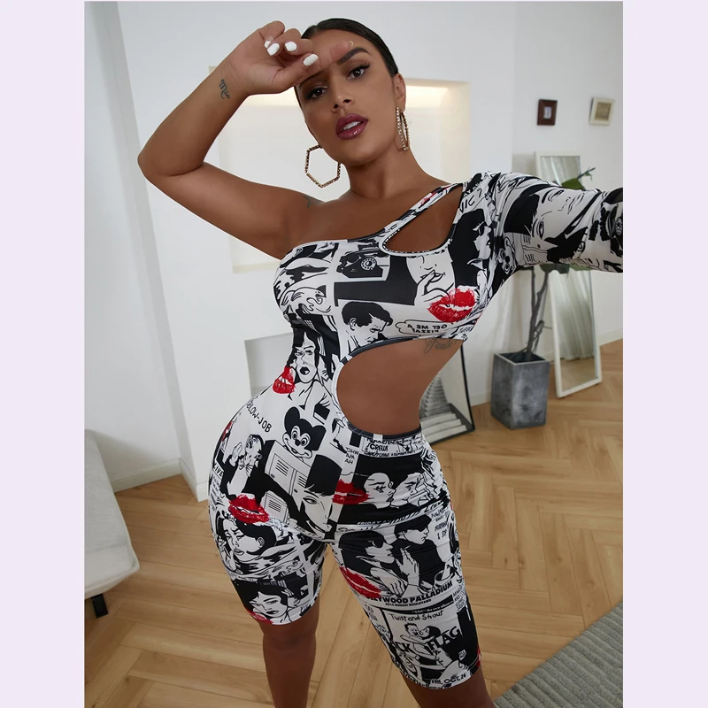 

Женский комбинезон с граффити, асимметричный Облегающий комбинезон с цифровым принтом на плечах, лето 2022