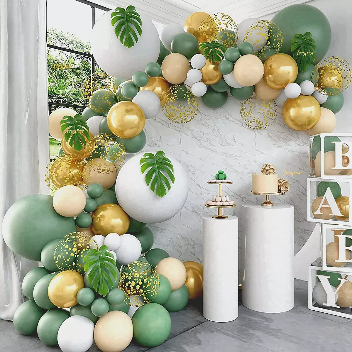 Гирлянда с зелеными и золотыми воздушными шарами украшение на свадьбу день