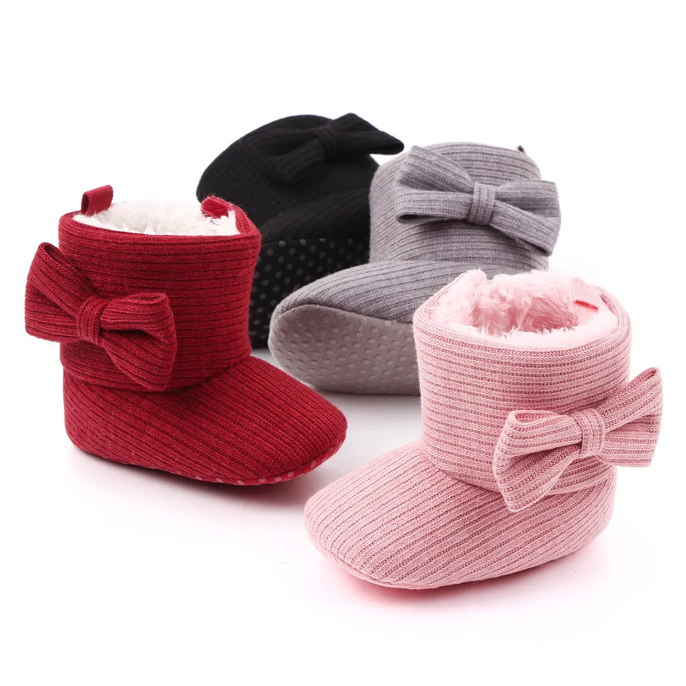 Winter Rubber Sole Bowknot 0-18 Months Infant Outdoor Snowfield Walking Baby Boots Booties Soft Sole Warm Non-slip Crib Shoes