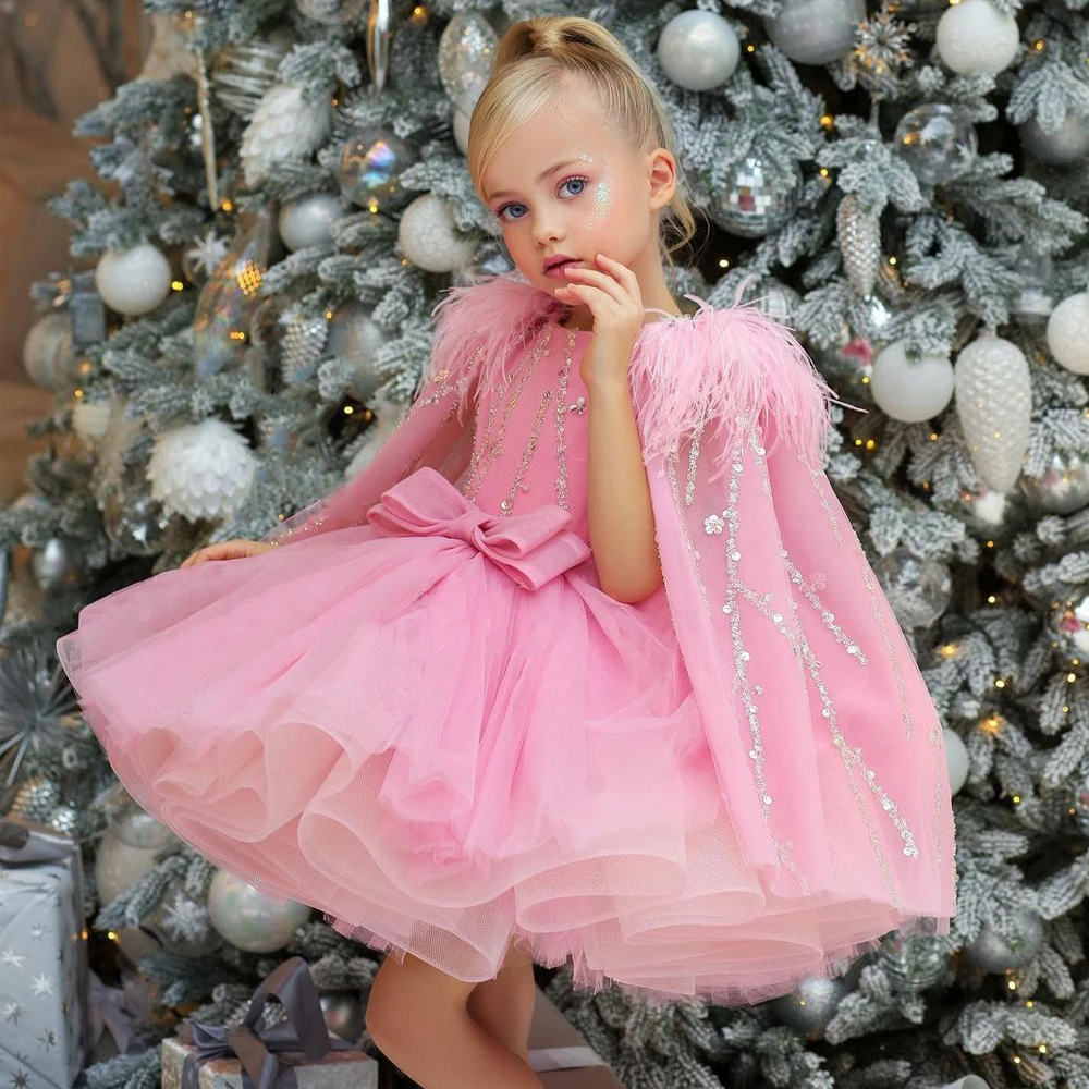 

Girl's Winter Party Dresses with Feather Cape Beading Sequin Ball Gown Baby Girl Birthday Tutu Gowns Mini Flower Girl Dress