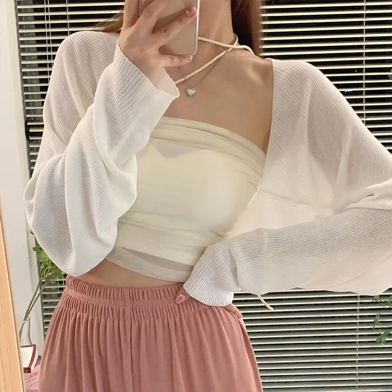 

Fashion Solid Cardigans Womens Summer Blouse Cropped Sun-proof Daily Casual Long Sleeve See-through Tops Slim Thin T-shirt
