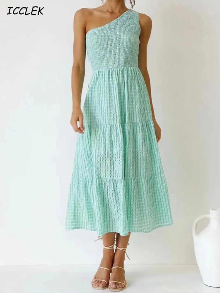

Icclek Light Green Ruffle Ruched Cami Dress One Shoulder Summer Maxi Long Dress Vintage Plaid Beach Dress Women Spring Female