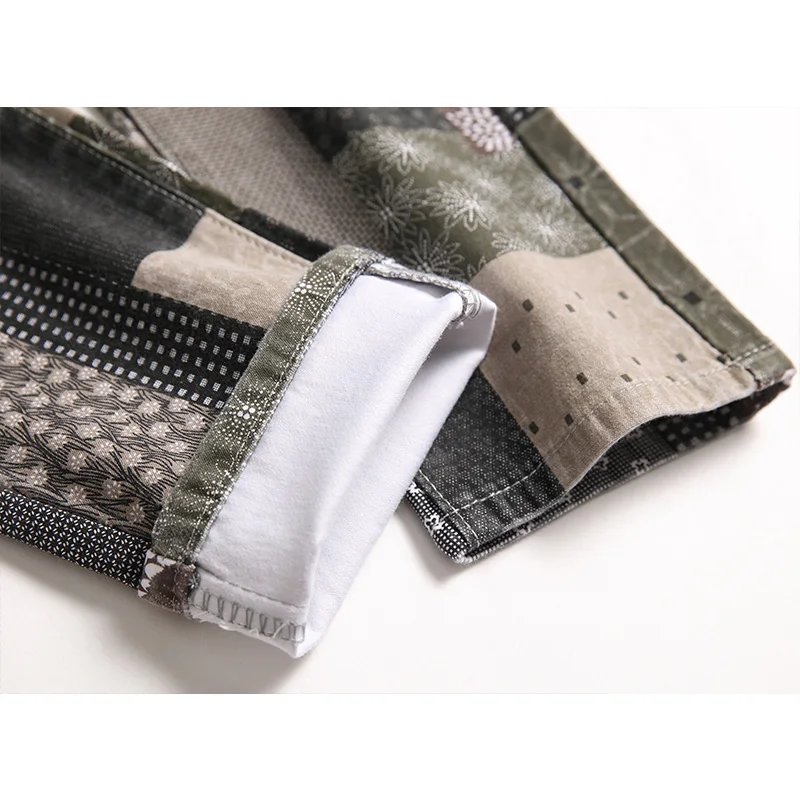 Men Jeans Colorful Personalized Fashion Printed Patchwork Plaid Elastic Straight Streetwear Mens Jeans Full Length Denim Pants