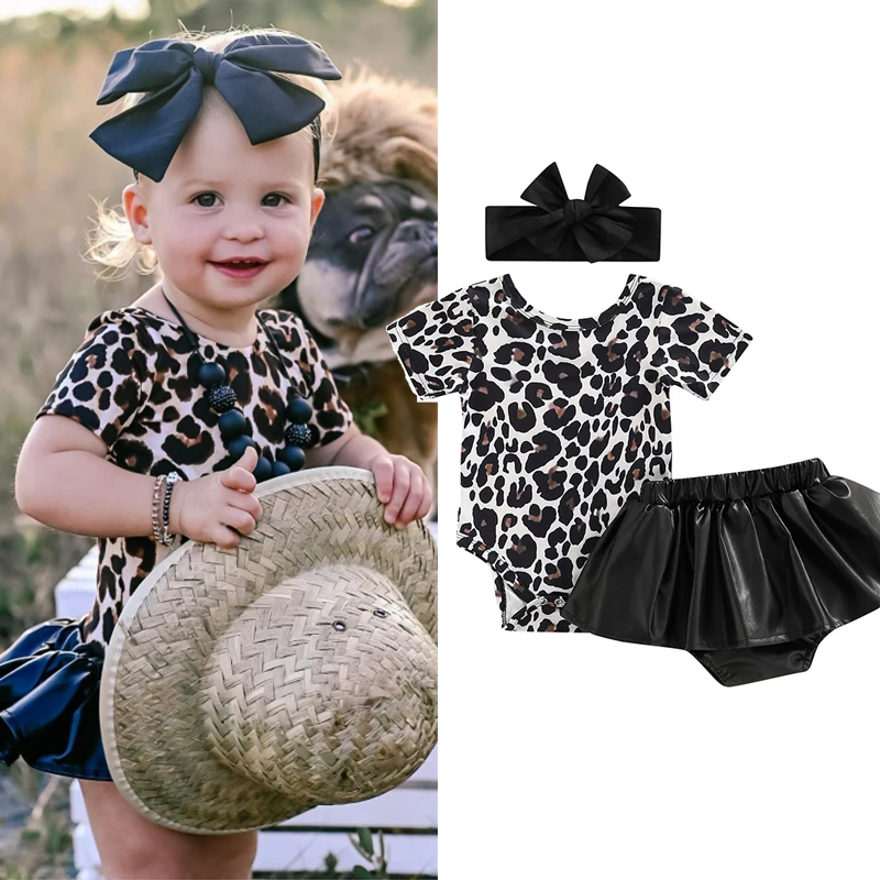 

0-3Y Baby Girls Cute Clothes Sets 3pcs Short Sleeve Leopard Printed Romper Plain Solid PU Leather Skirts Shorts