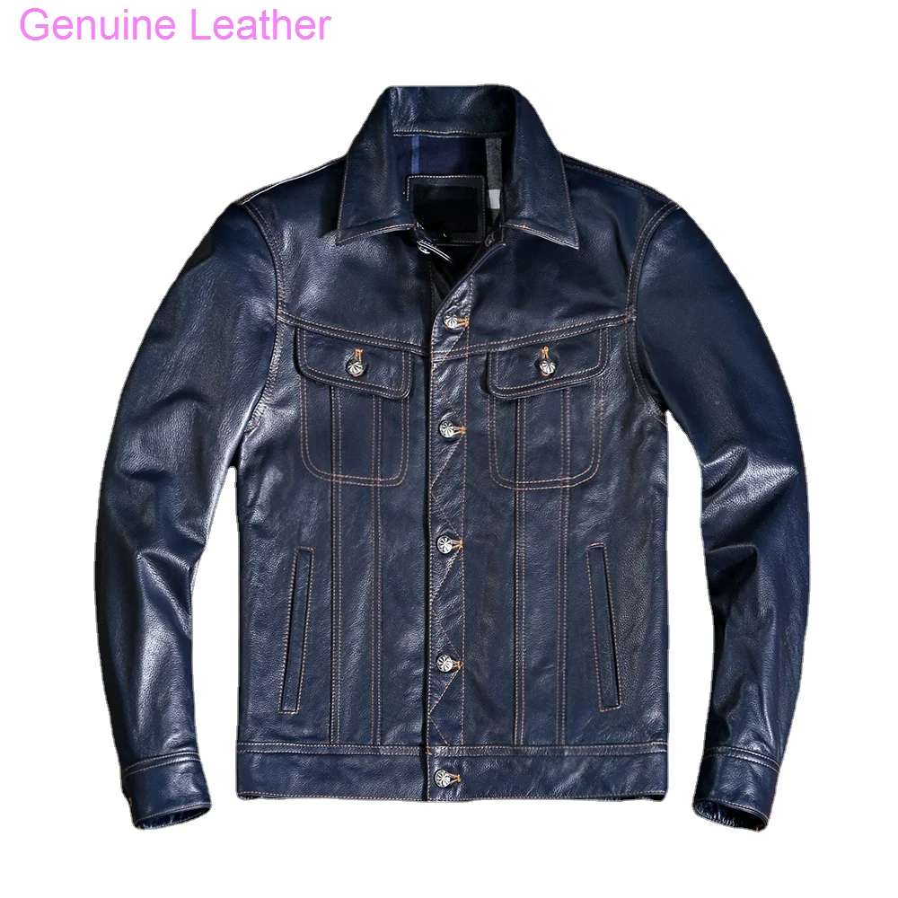 

Natural Lee 101J Type Genuine Leather Jacket Men Blue Cowhide Slim Short Coat Casual Style Single Breasted Clothes Autumn