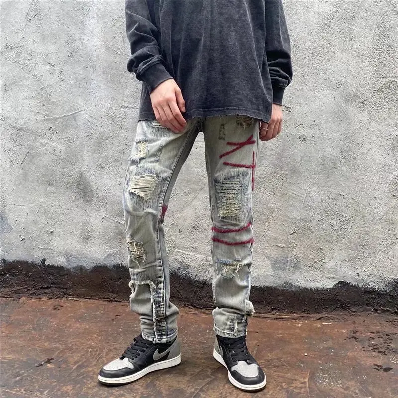 Men Street Style Ripped Jeans Spring Summer Fashion Slim Hip Hop Denim Pants Cargo Pants Vintage Tide Casual Male Trousers Grey