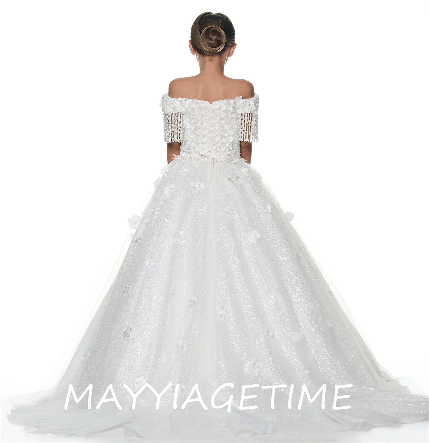 

Белое платье с высокой горловиной и цветочным принтом для девочек, свадебные кружевные платья с аппликацией и рукавами-крылышками для принцессы, официальное строгое платье для первого причастия