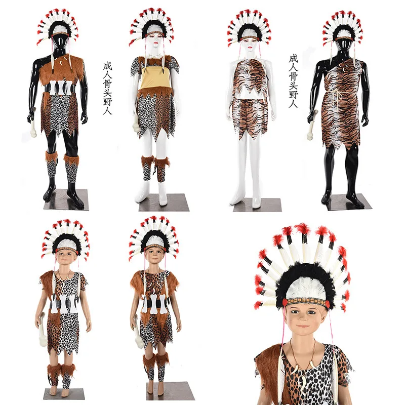 

Halloween Stage Children's Wild Man Costume Boy's Costume Adult Indian Thin Wild Man Performance Suit Role Play Party Funny