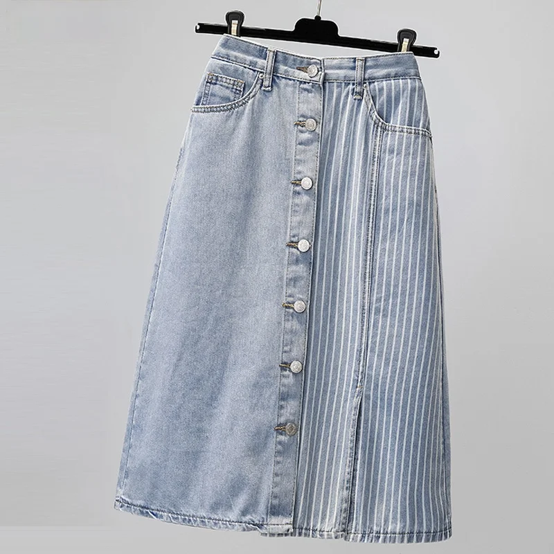 

Women Fashion Split Mid Calf Length Skirts Casual Stripe Splicing Denim Skirts Vintage Oversize High Waist Jeans Skirts Faldas