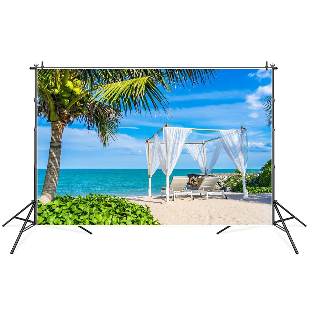 

Beach Wedding Photography Backgrounds Seaside Tropical Palm Tree Sand Decor Party Ceremony Portrait Photographic Backdrops