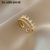 scalloped european trendy crown double layered opening ring for women minimalist wedding engagement party jewelry female
