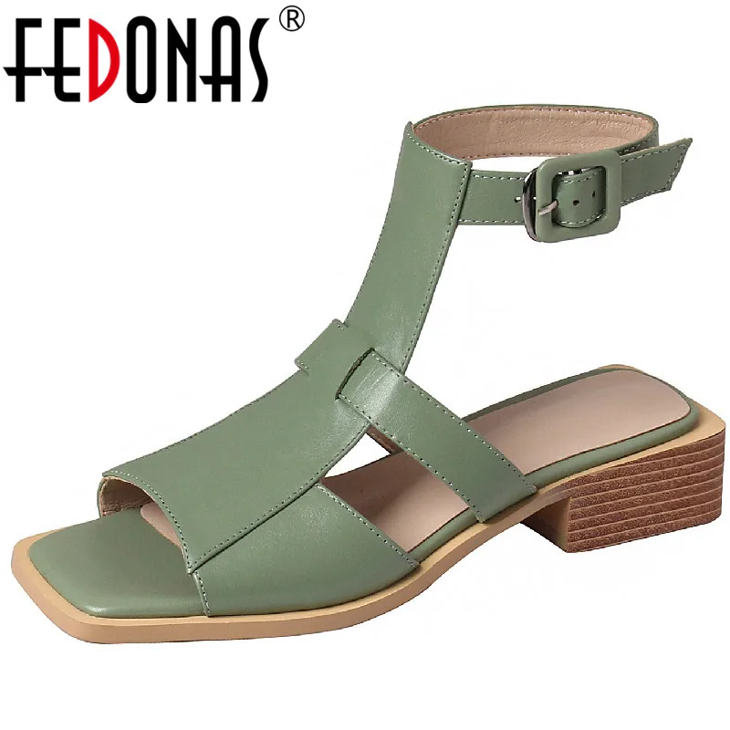 

FEDONAS 2023 Summer Peep Toe Women Sandals Office Lady Casual Low Heels Genuine Leather Buckle Pumps Shoes Woman Fashion Concise