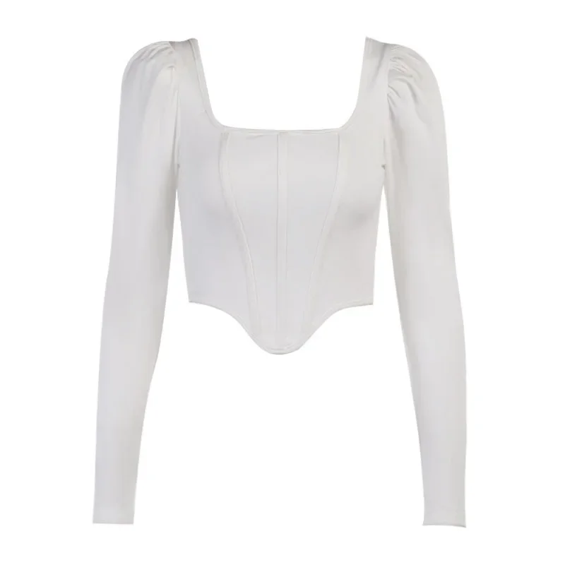 Женская винтажная укороченная блузка с квадратным вырезом и рукавами-фонариками