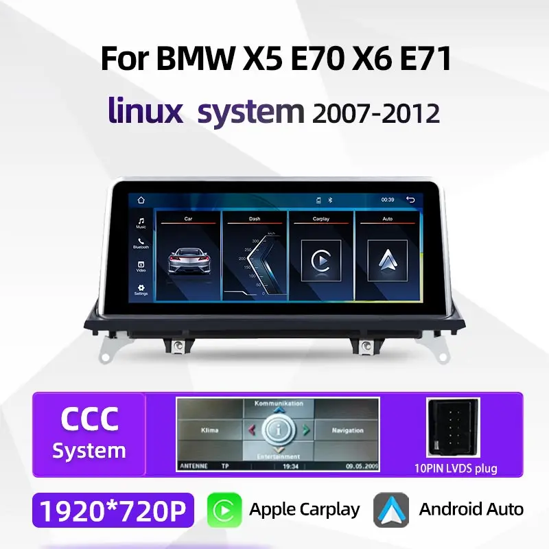 

Linux Carplay для BMW X5 E70 X6 E71 Обновленный монитор Android Auto Беспроводной автомобильный воспроизведение Мультимедийный видеоплеер BT Монитор навигации