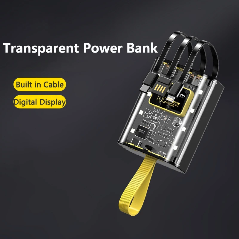 Прозрачный Внешний аккумулятор 20000 мАч с кабелем и светодиодной подсветкой