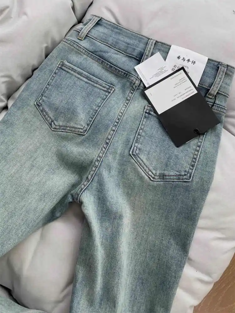 Женские синие расклешенные джинсы модные узкие брюки с высокой талией женские