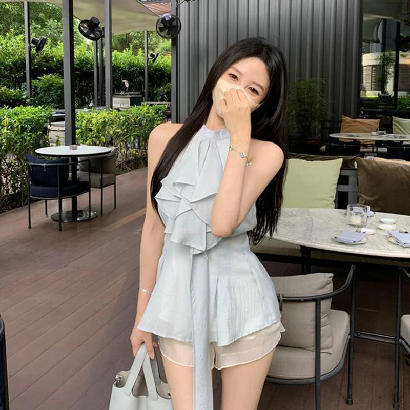 

French sleeveless Dress Women Elegant Backless Floral Halter Neck Midi Dress Summer Chiffon Holiday Beach Dresses for Women 2023