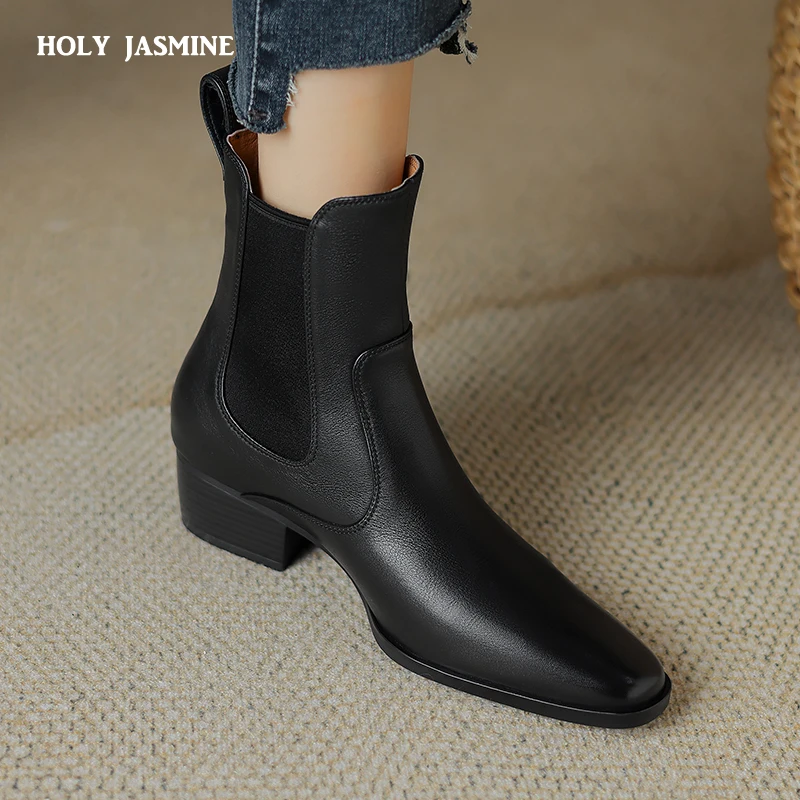 

Classic Women Ankle Boots Autumn Winter Genuine Leather Quality Shoes Woman Thick Heels Round Toe Office Lady Mature Boots Women