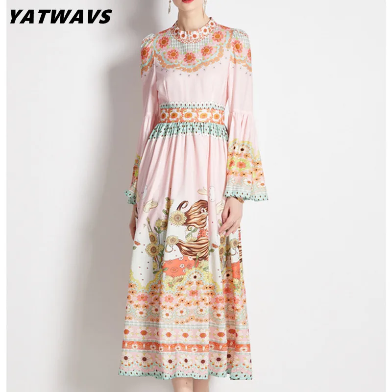 

Модное женское осеннее длинное платье, Новое Элегантное модельное дизайнерское платье макси с круглым вырезом и Расклешенным рукавом и цве...