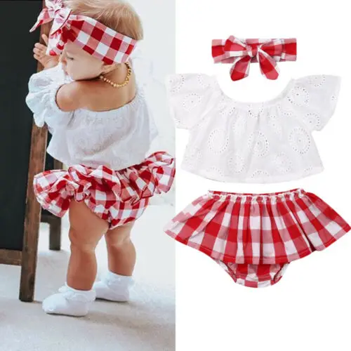 

Cute Newborn Baby Girl Summer Clothes 3pcs Off Shoulder Tops+Plaid Short Dress+Headband Outfits 0-24M New