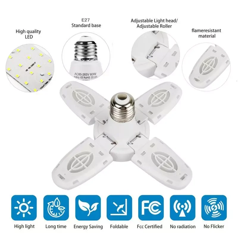 

38W E27 LED Garage Lights Deformable 3800LM Workshop Light Garage Ceiling Light 4 Leaf Adjustable Warehouse Lighting Bulb