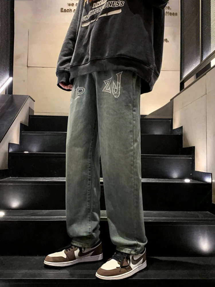 American Hip -hop Y2k Jeans Embroidered Male Loose Straight Tube Retro Old Water Washed Wide -leg Pants Clothing Jeans Casual