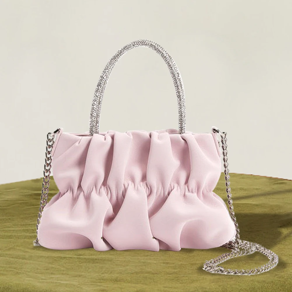 

Ladies Handbags Metal Chain Rhinestone Women Top-handle Bag Pleated Fashion Elegant PU Leather Crossbody Bag Purse