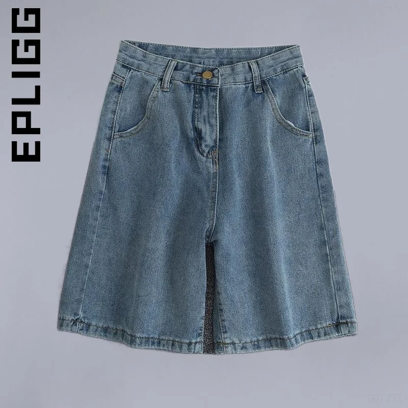 

Epligg Shorts Fashion Women Pants High Waist Blue Wide Leg Denim Shorts For Women Slim Elastic Female Streetwear