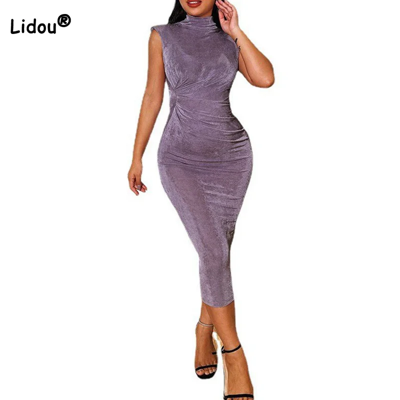 

Женское плиссированное платье-водолазка, элегантное однотонное длинное платье на одно плечо без рукавов, праздничная весенняя одежда, обле...