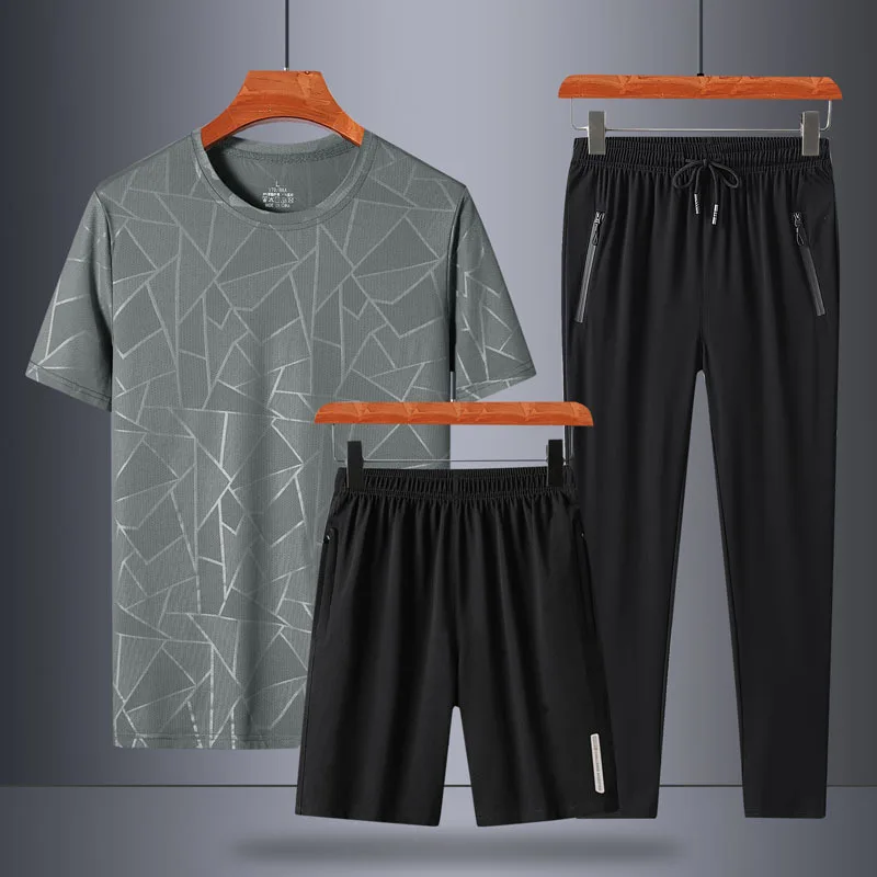 2023 Summer New Ice Silk Clothing Men's Solid Short Sleeve Tshirt+Sports Short Sleeve+Sports Pants Three Piece Set Men Clothing