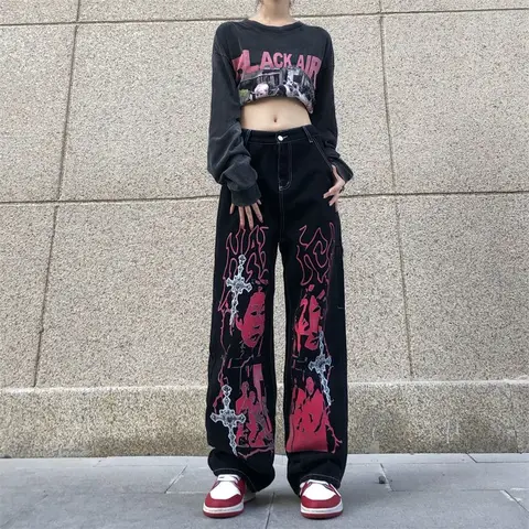 Hip Hop Y2K Women Black Jeans Streetwear Fashion Spring Autumn Oversize Pants Vintage Loose Straight Wide Leg Casual Trousers