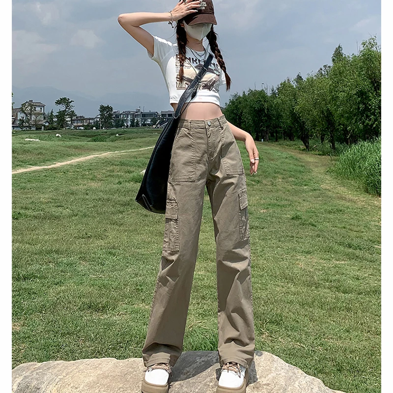 Workwear jeans women's summer trousers khaki new 2023 American style high waist loose casual straight wide leg mopping pants