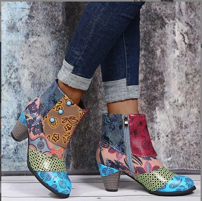Women Sexy Shoes Splicing Printed Ankle Boots for Female PU Leather Retro Block High Heels Bohemian Ladies Autumn Short Boots
