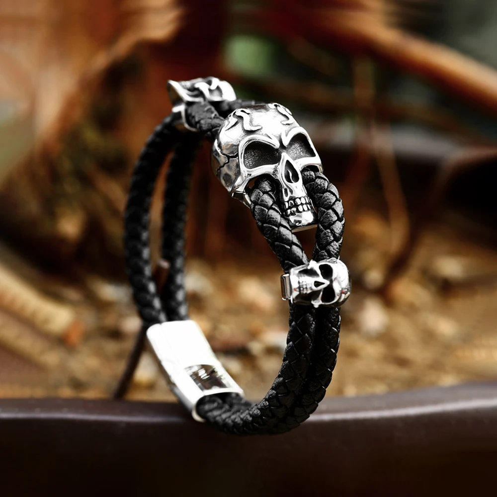 

New Style Retro Stainless Steel Skull Bangle Male Trendy Braided Leather Bracelet Fashion Jewelry Accessories Gift Dropshipping