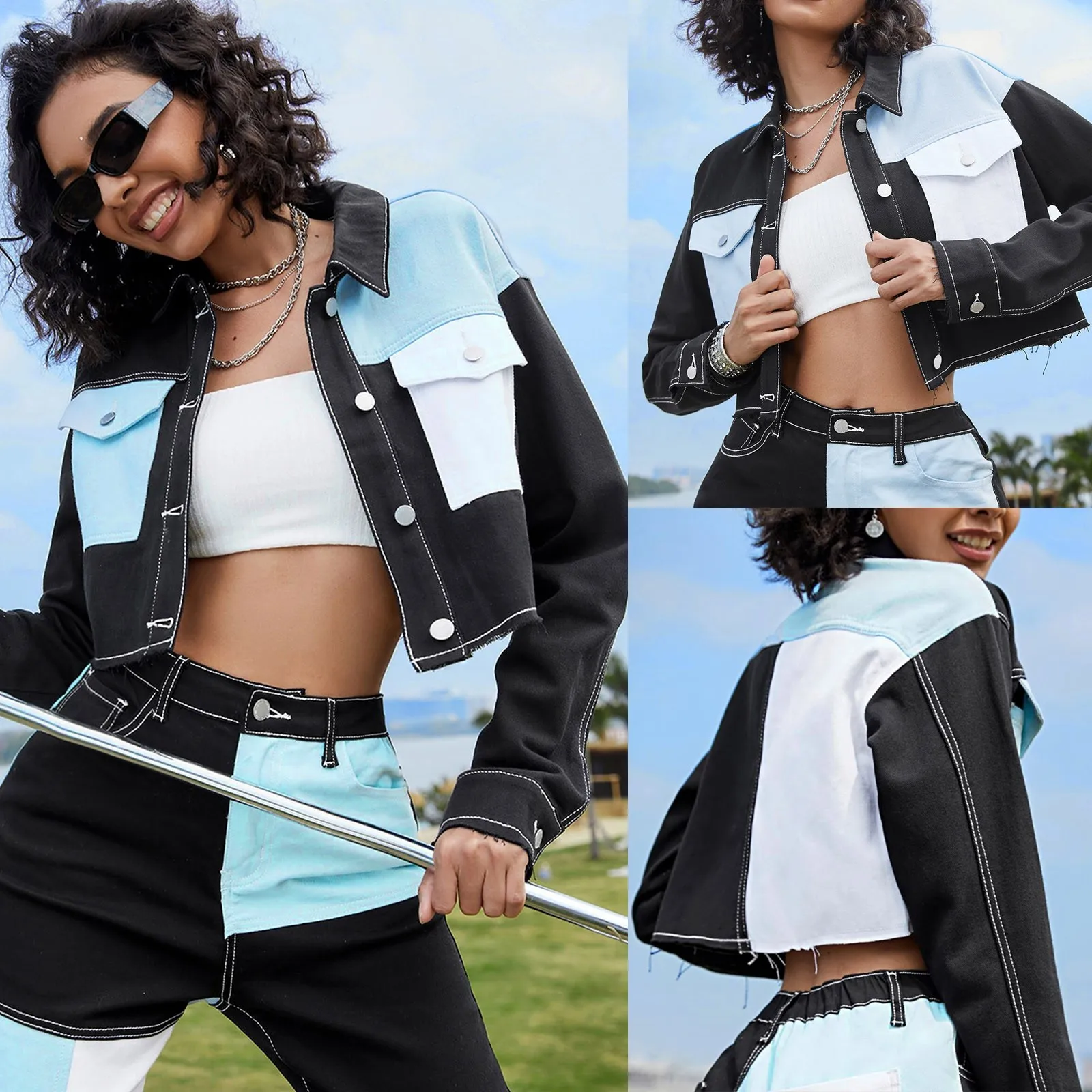 

Женская куртка с длинным рукавом, модная укороченная куртка контрастных цветов, Женское пальто, жилеты, женская зимняя летняя куртка для же...