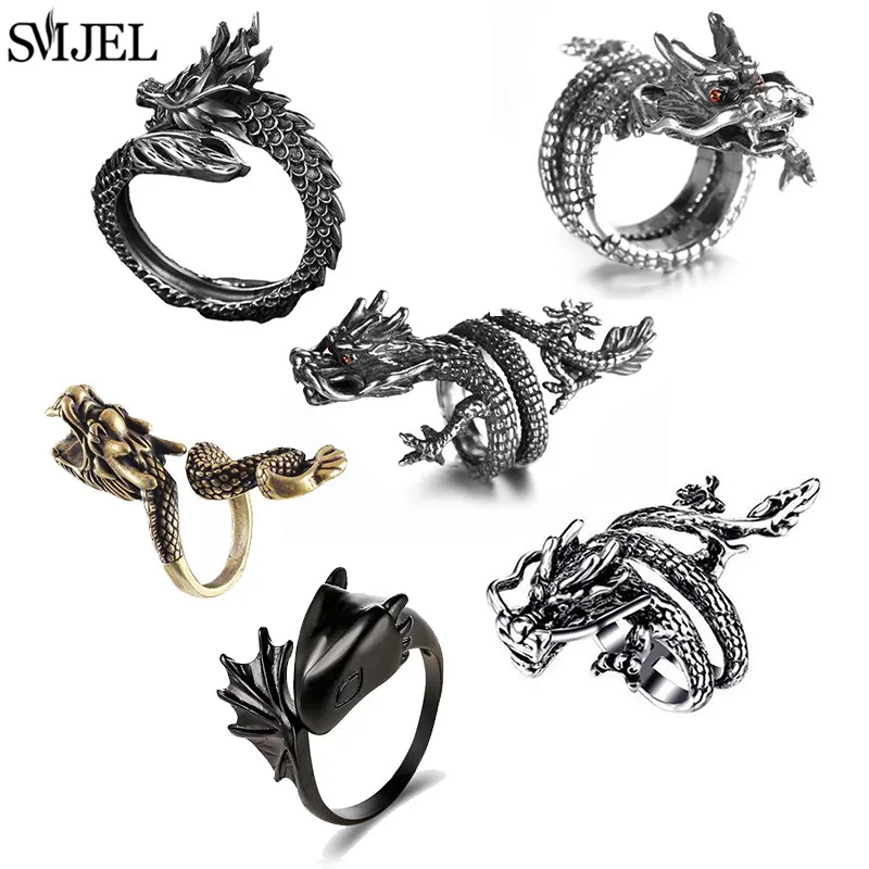 SMJEL Vintage Animal Shape Adjustable Ring Punk Ancient Dragon Rings Thai Silver Boyfriend Jewelry Unique Snake Ring Bijoux 2022
