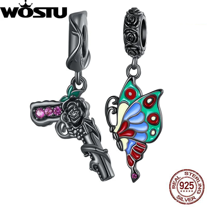 

WOSTU, серебро 925 пробы, черная Золотая Роза, пистолет, винтажный кулон, Бабочка, подвески для женщин, подходит для браслета, ожерелье, ювелирное...
