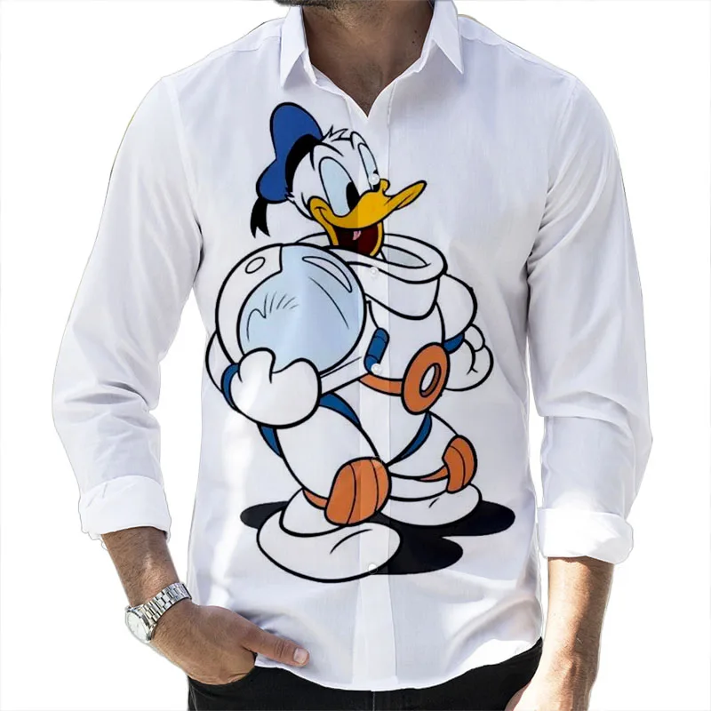 2024 Fall New Disney Donald Duck Mickey and Goofy Brand Cartoon Casual 3D Printed Long Sleeve Lapel Shirt Slim Fit Men's Top