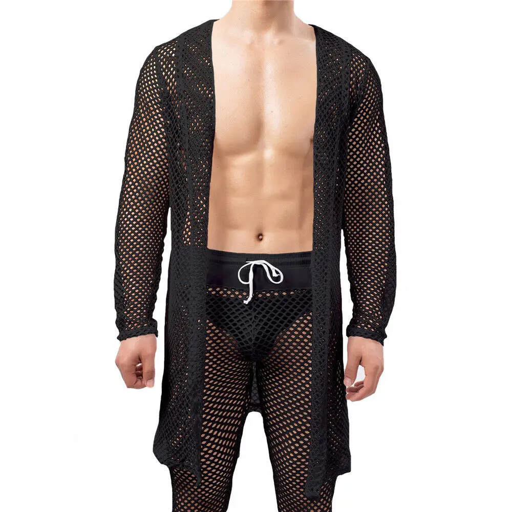 

Мужские халаты, сетчатая ночная рубашка с вырезами, кимоно с длинным рукавом, банный халат, пикантная Пижама, Мужская одежда для сна, длинные...