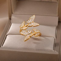 zircon butterfly open rings for women gold silver color stainless steel engagement wedding ring female jewelry birthday gift