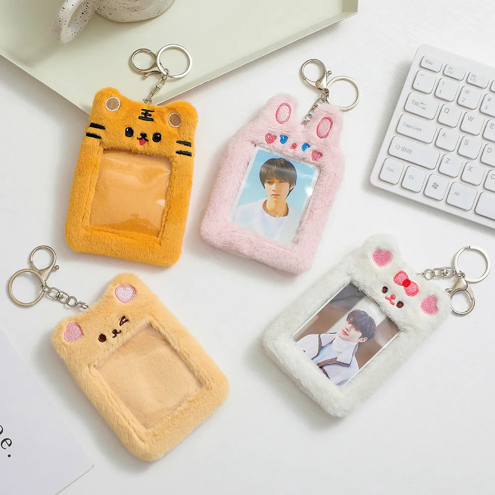 

New Plush Bear Rabbit Korea Idol Photocard Protector Case For Women Girls Cute Keychain ID Credit Bank Star Photo Card Holder