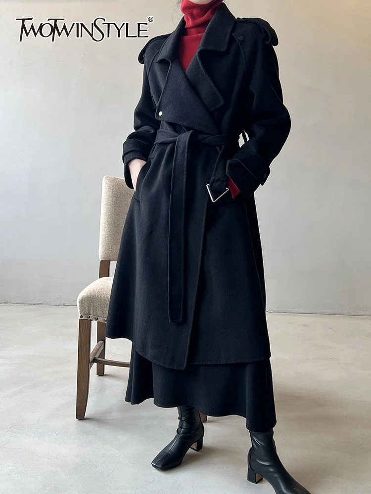 

Женский однотонный Тренч TWOTWINSTYLE, повседневный элегантный Тренч с отложным воротником и длинными рукавами, со шнуровкой,