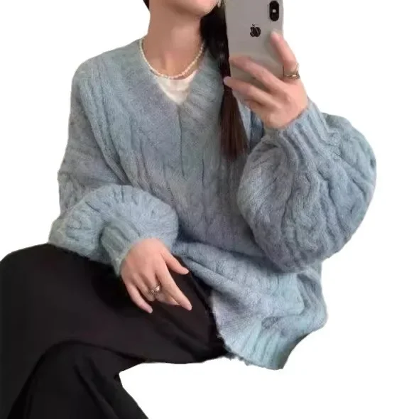 Женский модный серый зимний свитер свободного покроя с v-образным вырезом